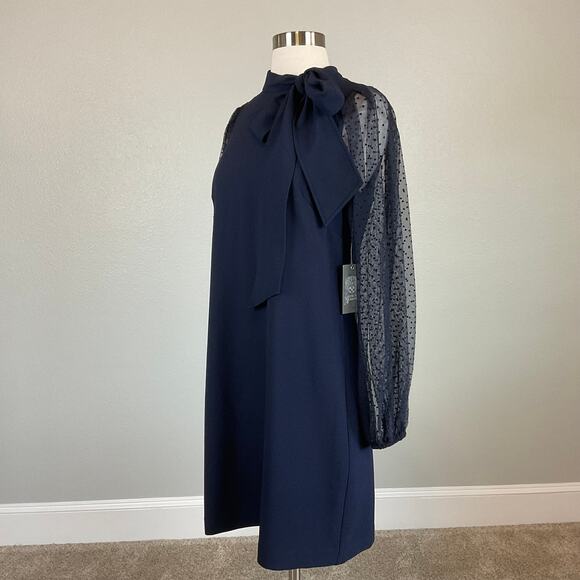 Vince Camuto Sheer Dot Long Sleeve Cocktail Dress Size 8 Blue Bow Halter Shift - Picture 4 of 13